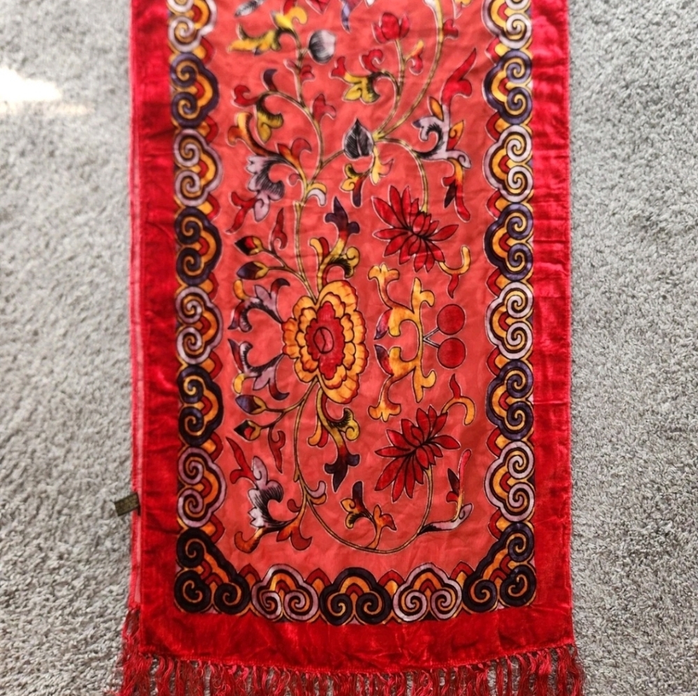 J&X NY Red Floral Silk Viscose Velvet Burnout Fringed Scarf Shawl Wrap 76x20 - Picture 14 of 16